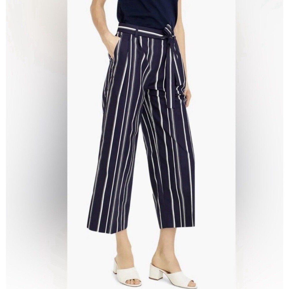 J Crew Navy White Stripe Wide Leg Cropped Pants Size 6